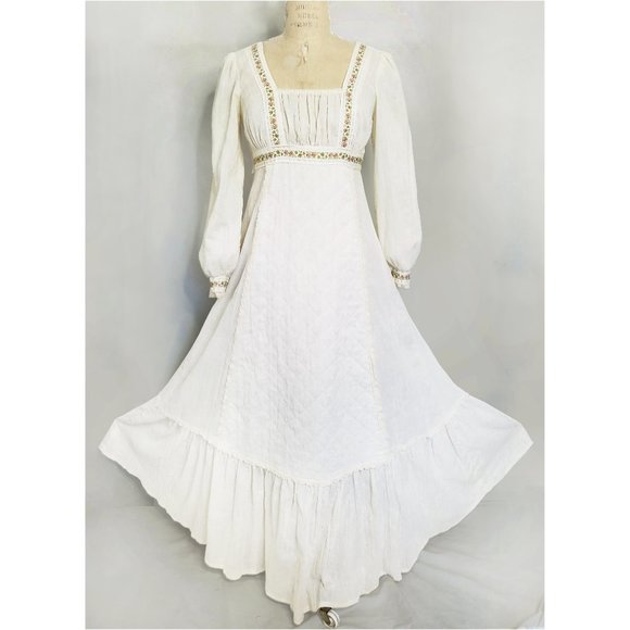 Vintage 70s Womens Prairie Dress Boho Fritzi of California COTTAGE Core Ivory